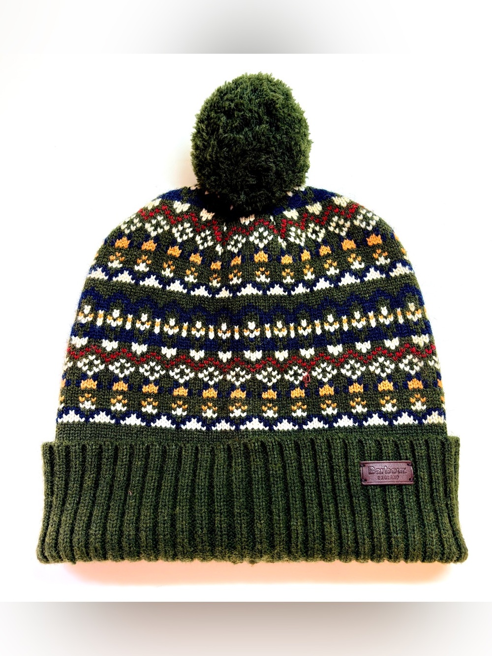 Barbour England Mens Fair Isle Beanie Pom Pom Hat Olive Green
